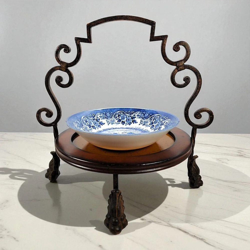 Vintage Wood Round Centerpiece Tray with Metal Handle